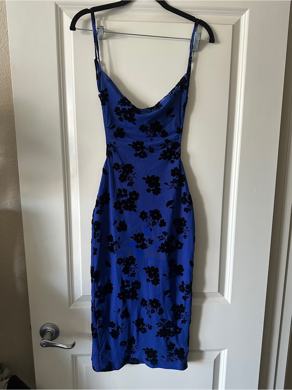 Fashion Nova Royal Blue Backless Dress with Black Floral Velvet